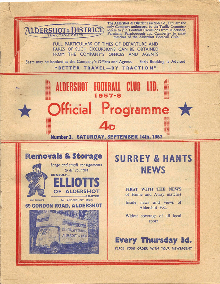 <b>Saturday, September 14, 1957</b><br />vs. Aldershot (Away)